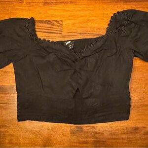 Express Black Linen Cropped Off the Shoulder Keyhole Top